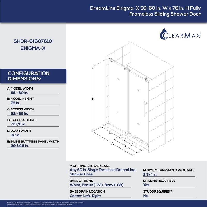 DreamLine Enigma-X 56-60 in. W x 76 in. H Fully Frameless Sliding Shower Door - 56" - 60" W