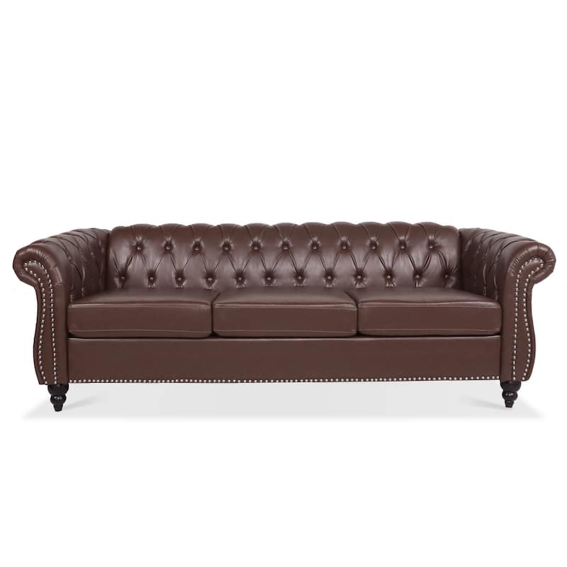 84.65" PU Leather Chesterfield Sofa with Rolled Arms (3-Seater)