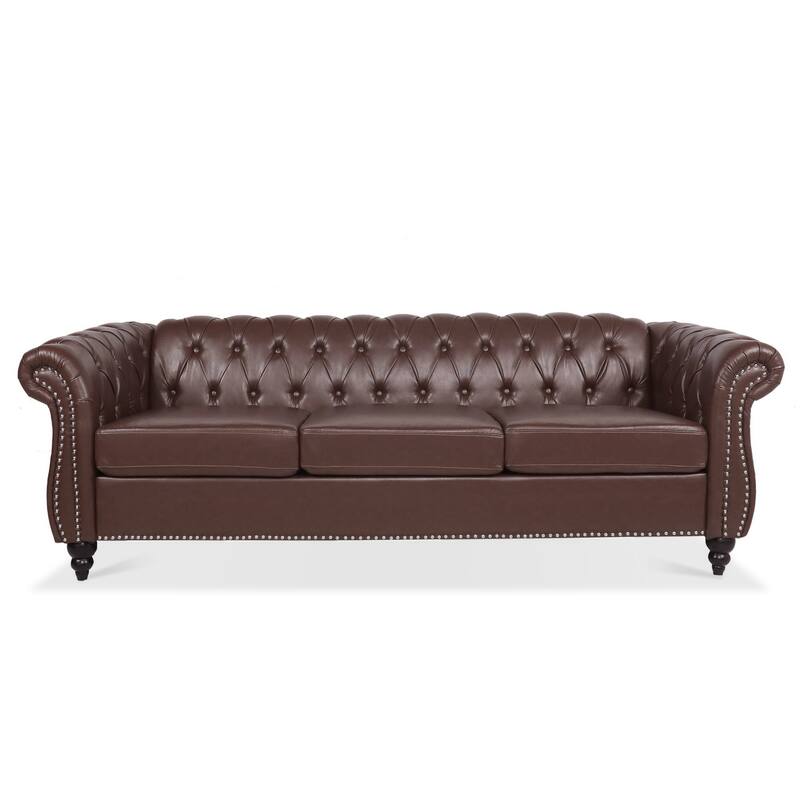 Dark Brown PU Chesterfield Three Seater Sofa with Wooden Legs