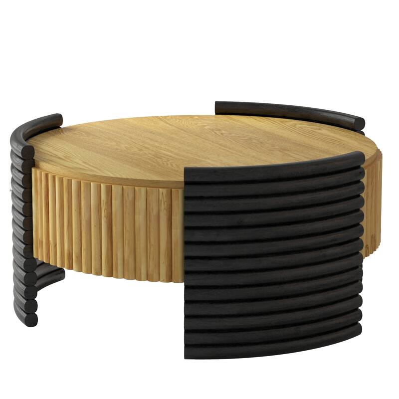 31.5" Modern Round Coffee Table Colorblocked Striped Wood Accent Table with Flip-Top, Center Table with Hidden Storage