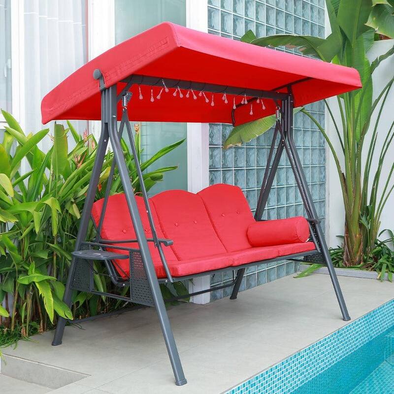 PURPLE LEAF Outdoor Patio Porch Swing with Stand, 3-seat Swing Chair with Adjustable Tilt Canopy All-Weather Steel Frame - Grey Frame - Terra