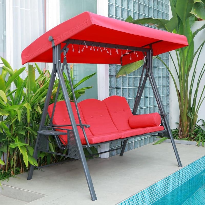 PURPLE LEAF Outdoor Patio Porch Swing with Stand, Swing Chair with Adjustable Tilt Canopy Steel Frame, Cushions Included - 3-Seat - Terra