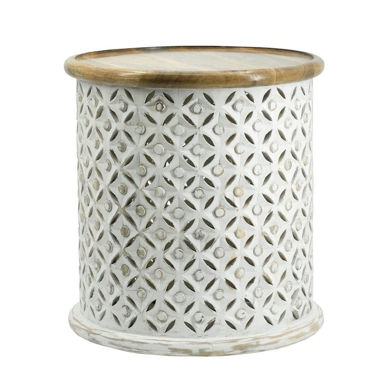 18, 16 Inch Accent Tables, Round, Mango Wood, Floral Cut Out, Brown, White - 34 H x 23 W x 23 L