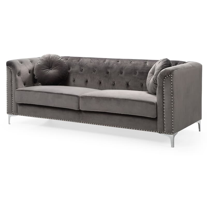 Tufted Nailhead Trim Velvet Sofa with Throw Pillows - 83" - Dark Gray