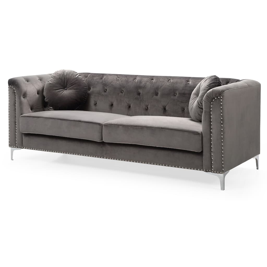 Tufted Nailhead Trim Velvet Sofa with Throw Pillows - 83" - Dark Gray