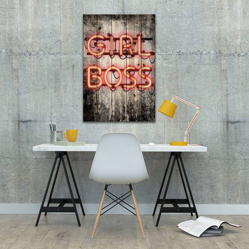 Girl Boss Neon Sign Print On Wood by Amanda Greenwood - Multi-Color