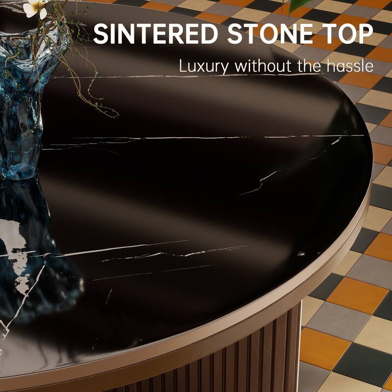 35" Round Coffee Table with Sintered Stone Top and Vertical-Groove Column Base for Living Room