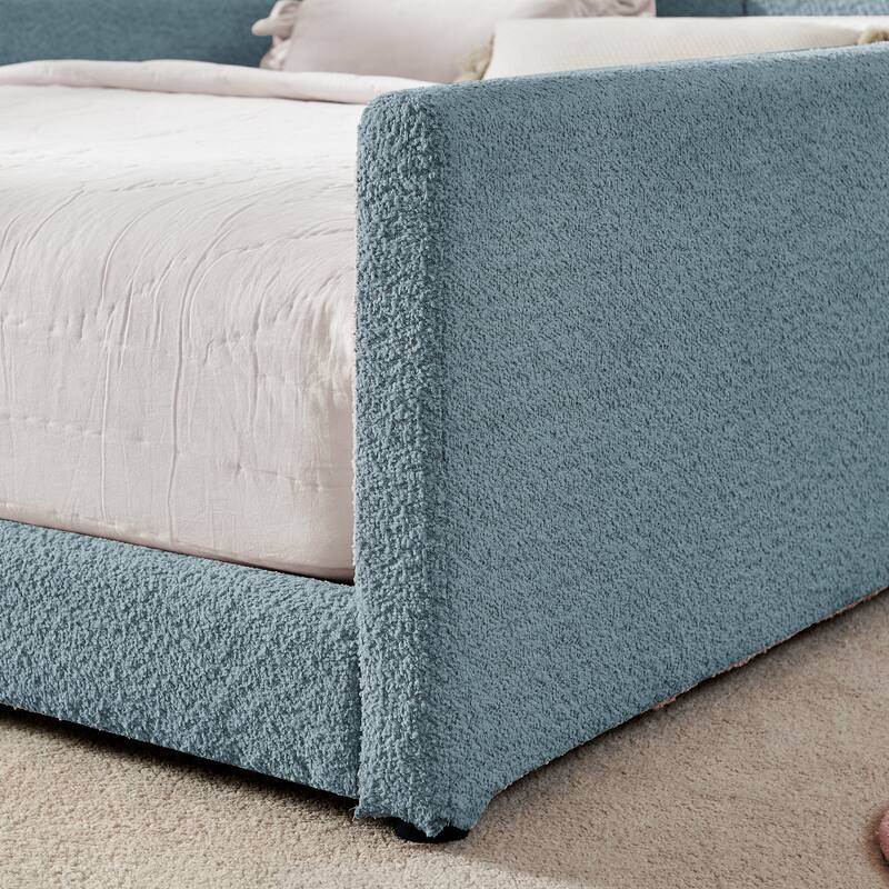 Full Size Upholstered Platform Bed with Cute Rabbit Ear Shaped Headboard, with Safety Rail and Pocket, Boucle Fabric