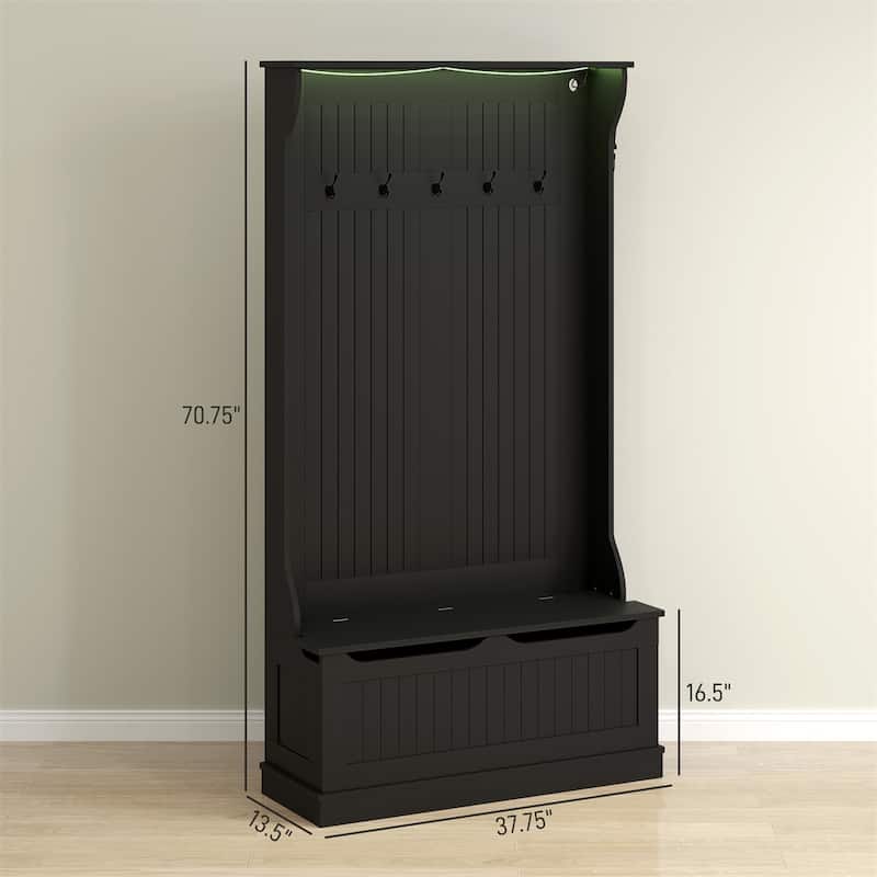 MDF Hall Tree Storage Bench with LED Light and Hooks - 37.75" W x 13.5" D x 70.75" H