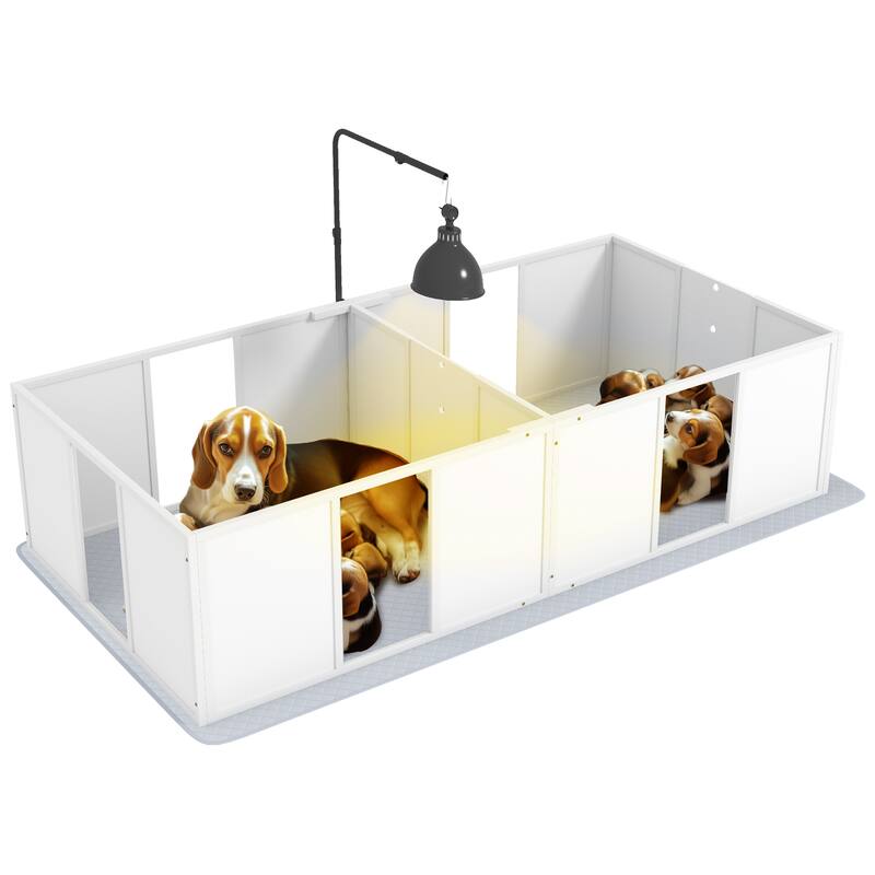 PawHut Whelping Box for Dogs, Newborn Puppy Supplies with Retractable Light Stand, Waterproof Pee Pad, 77" x 38" - White