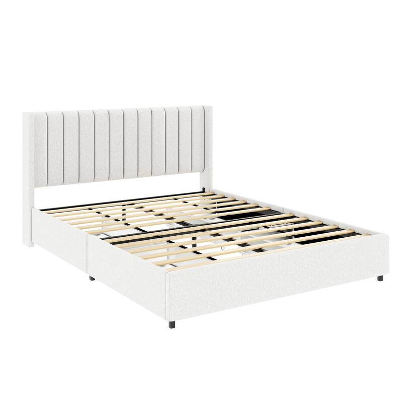 Queen Size Ivory Boucle Platform Bed with Storage Drawers, Tufted Headboard, Wooden Slat Support