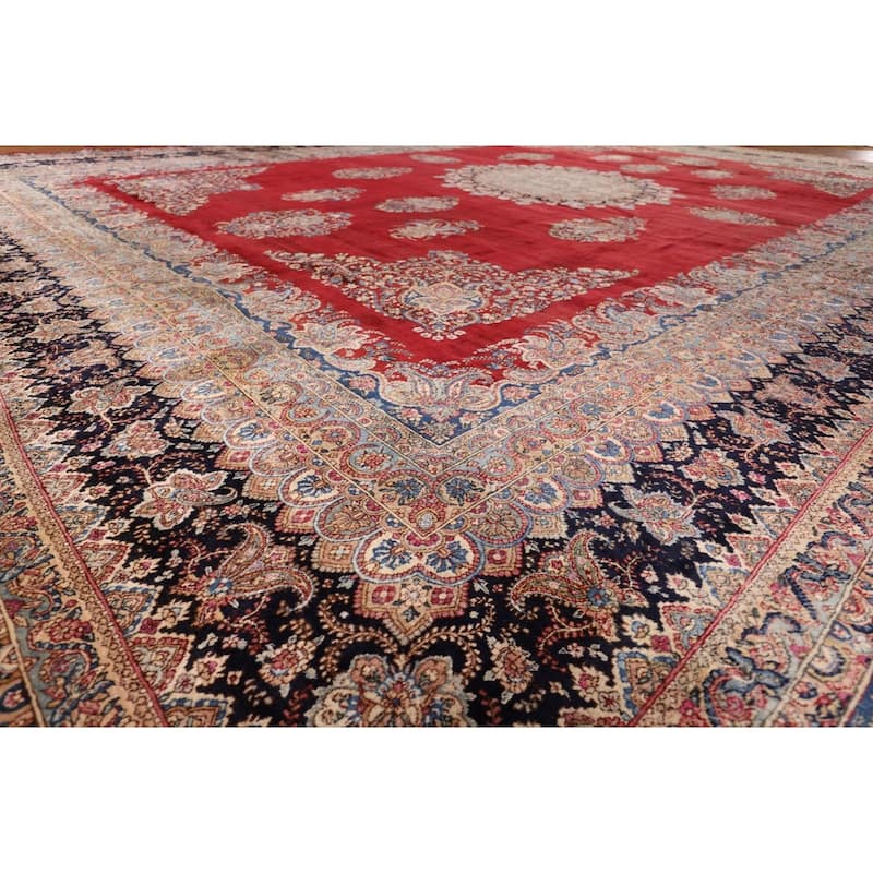 Pre-1900 Antique Kerman Ravar Persian Large Red Handmade Wool Carpet - 14'2"x 19'0"