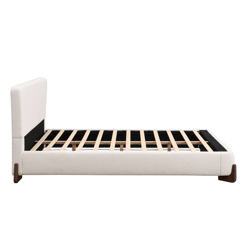 Boucle Upholstered Bed Low Profile Platform Bed Curved Wingback Bed