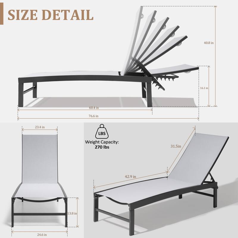 VredHom Outdoor Aluminum Adjustable Chaise Lounge Chairs (Set of 2) - 60.4 in L * 24.6 in W * 16.1/40.8 in H