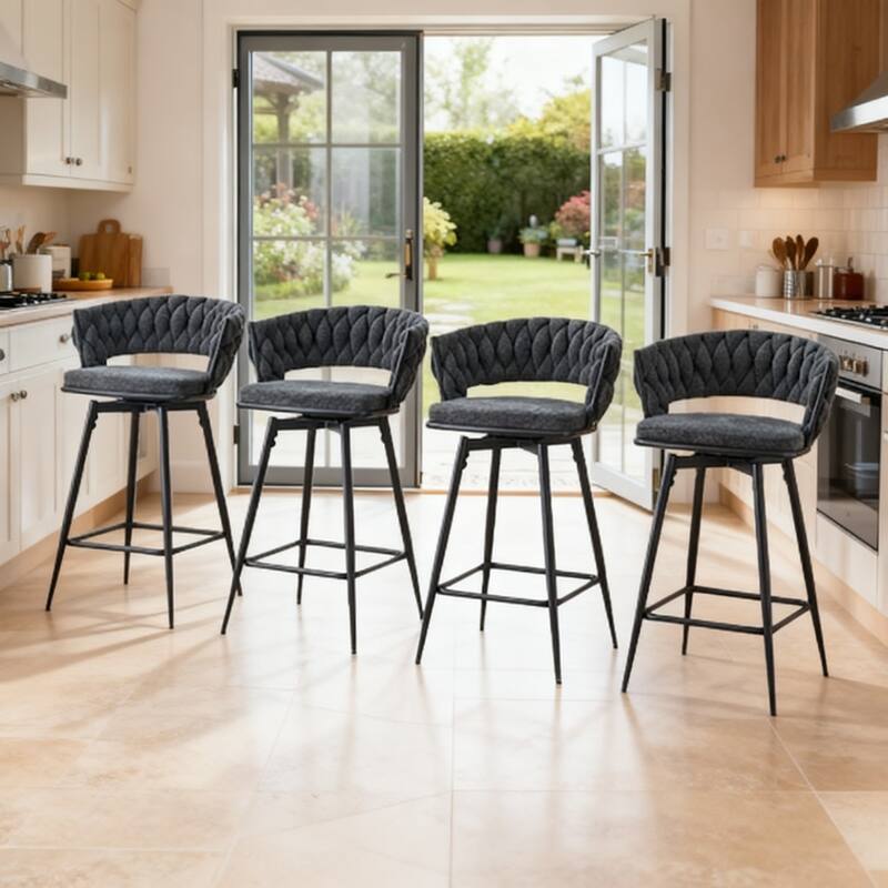 Set of 4 Swivel Bar Stools with Linen-Cotton Seats, 300lb Capacity Heavy Duty Iron Frame - Blackish Gray