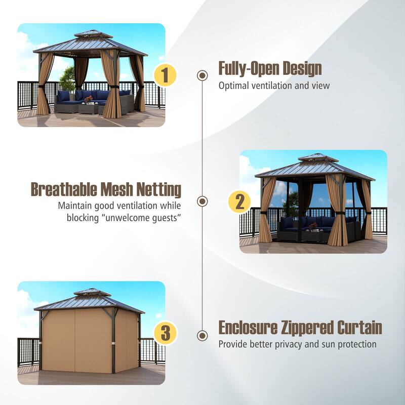 Costway 10 x 10 FT Hardtop Gazebo with Netting Heavy-Duty Double-Roof - Coffee