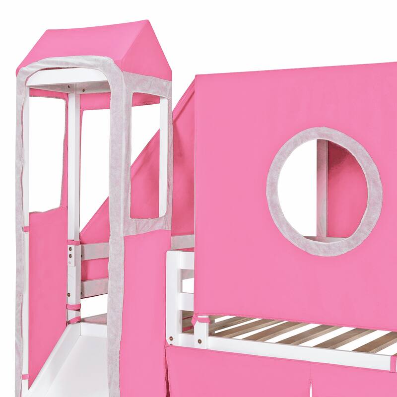 Twin Size Loft Bed with Tent and Tower - Pink