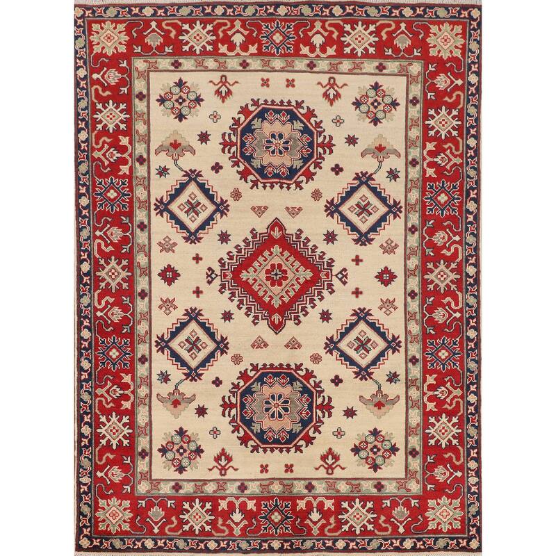 Geometric Beige Kazak Oriental Area Rug Handmade Wool Carpet - 5'0" x 6'8"