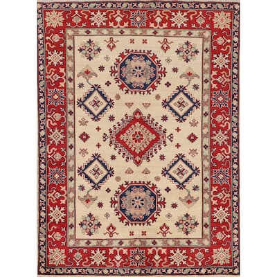 Geometric Beige Kazak Oriental Area Rug Handmade Wool Carpet - 5'0" x 6'8"