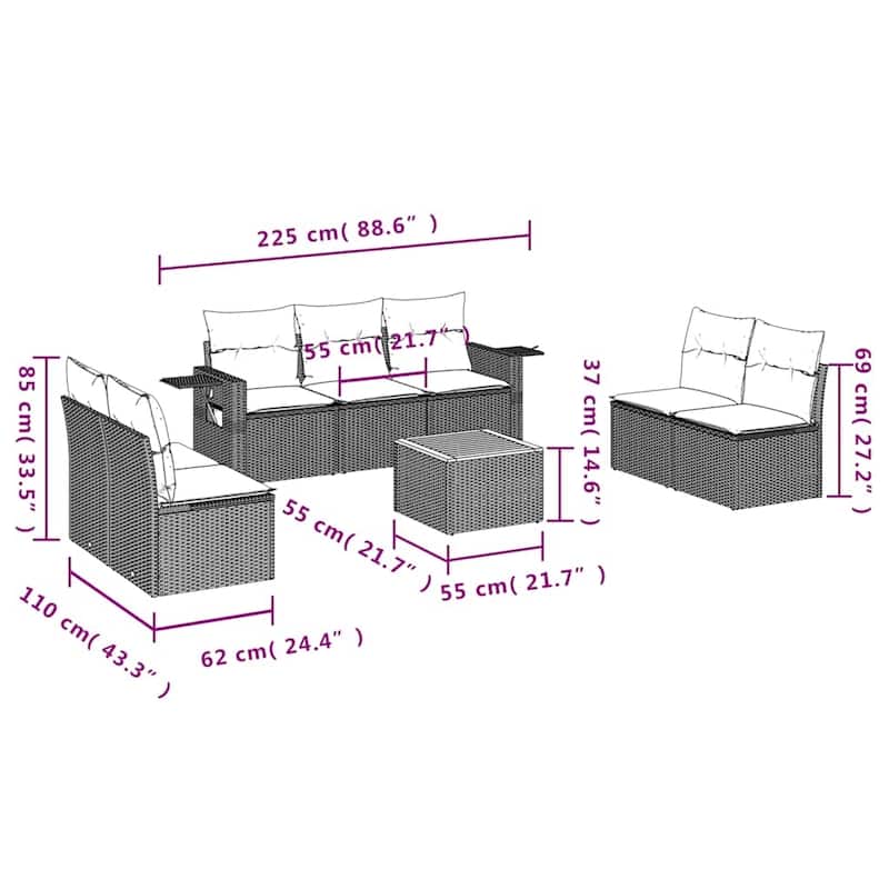 vidaXL 8 Piece Patio Sofa Set with Cushions Black Poly Rattan - 21.7" x 24.4" x 27.2"