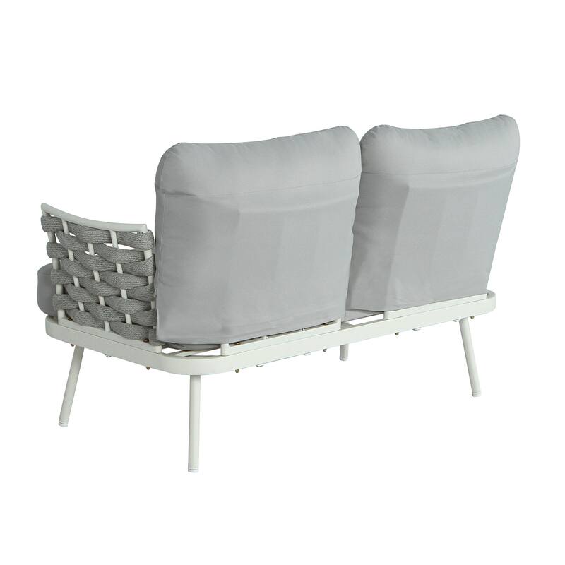 Roomfitters Steel Loveseat with Woven Rope Arms and Coffee Table
