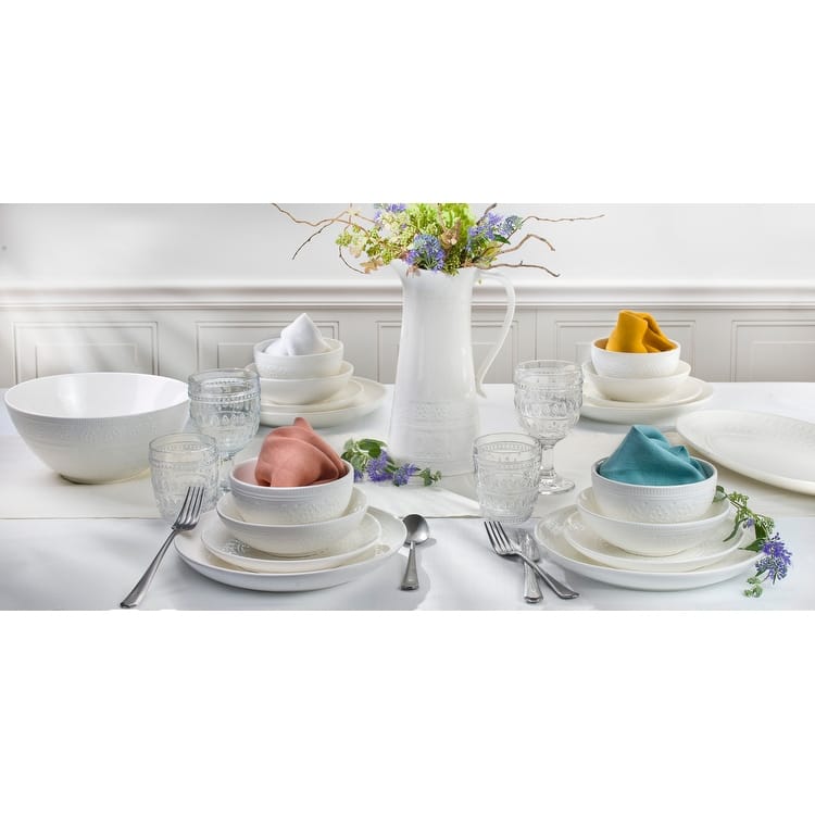 Euro Ceramica Fez 20 Piece White Drink & Dine Set (Dinnerware + Clear Highball Glasses)