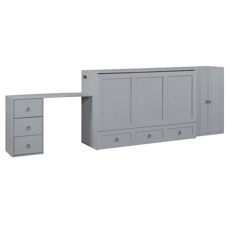 Queen Murphy Bed with Built-In Desk, Wardrobe, USB Charging, and Spacious Storage Drawer, Multifunctional Cabinet Bed