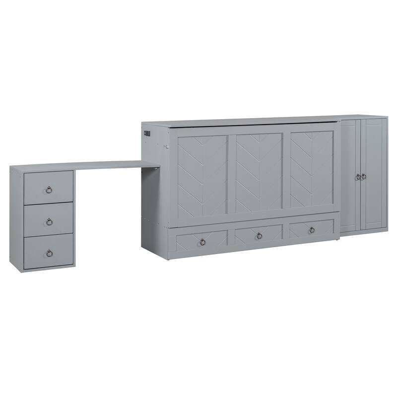 Queen Size Pine Wood Murphy Bed Cabinet Built In Wardrobe,Desk With Storage Drawers, Dual USB/Power Outlets