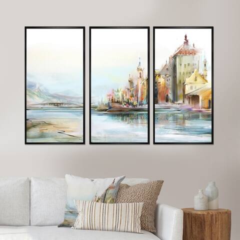 Designart "Zurich By The River In Afternoon Sunlight" Lake House Framed Art Set of 3 - 4 Colors of Frames
