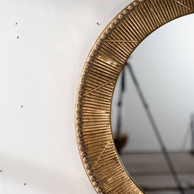 31.3" Gold Textured Round Wall Mirror - Iron Frame & MDF Back Decorative Mirror, Boho Accent Mirror - Natural Wood