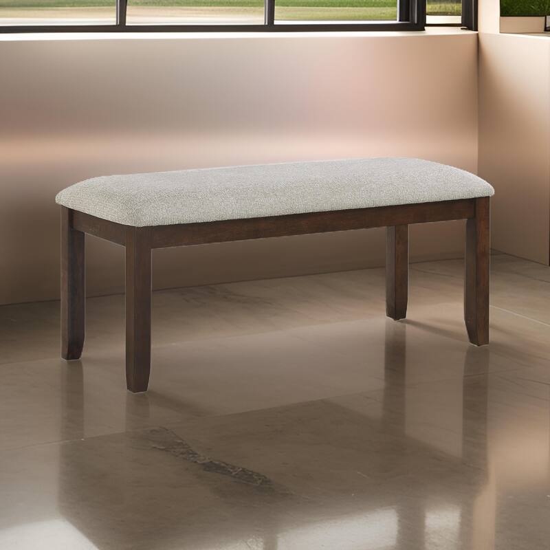 Humpty 43 Inch Bench, Gray Polyester Upholstery, Cherry Brown Solid Wood