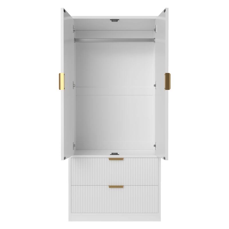 Meyreso Fluted Armoire Wardrobe Closet Storage Cabinet with 2 Doors & 2 Drawers - N/A