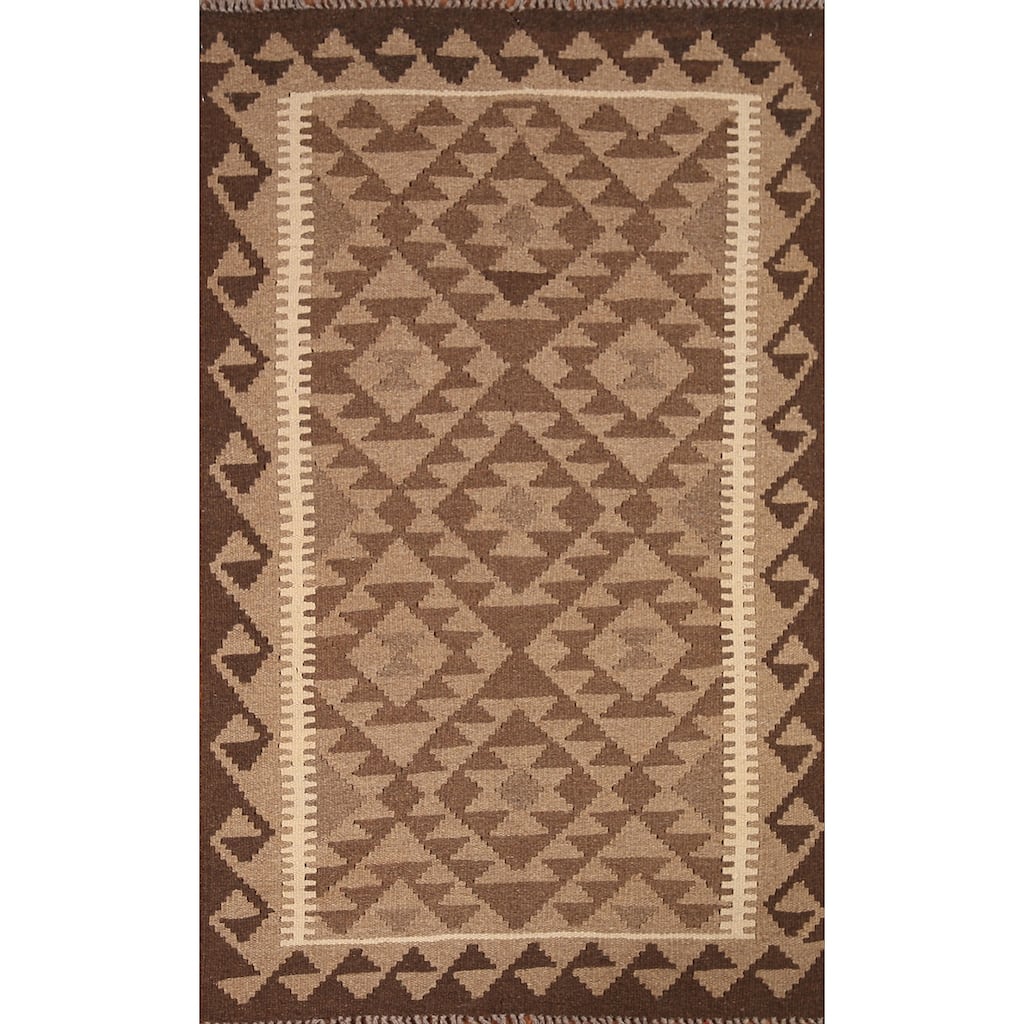 Flat-weave Geometric Kilim Reversible Area Rug Oriental Wool Carpet - 3'0" x 5'2"