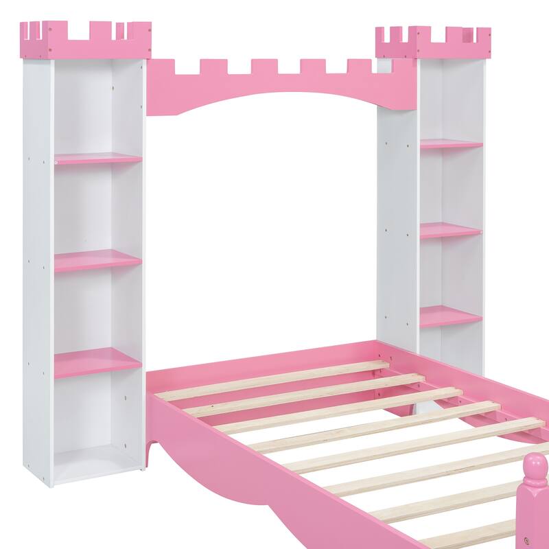 Castle-Shaped Twin Bed with Storage Shelves and Crown Footboard, Pink & White Wooden Platform Bed for Kids