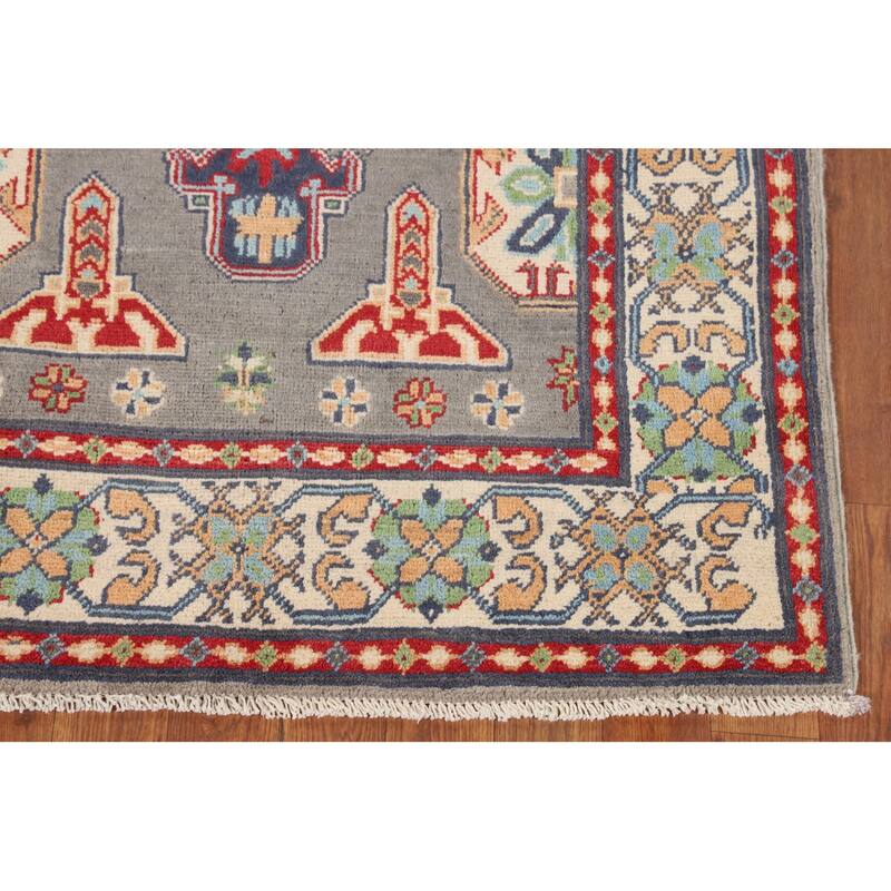 Geometric Kazak Accent Rug Handmade Grey Wool Carpet - 3'1" x 5'1"