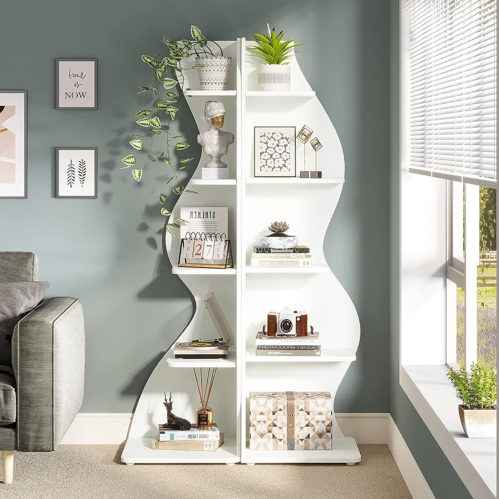Corner Shelf Bookcase Bookshelf with Unique Shape for Living Room, Home Office