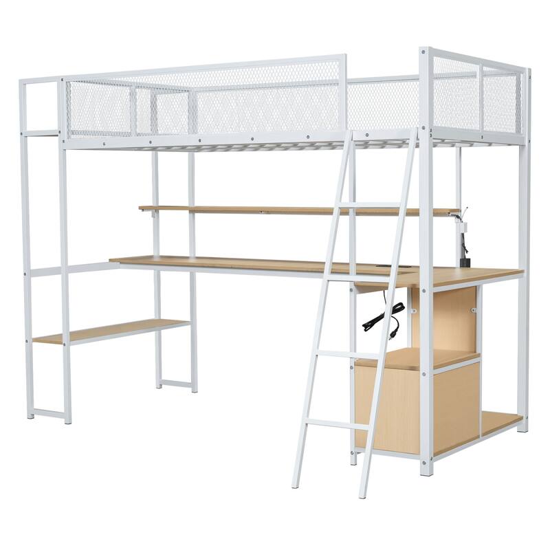 Twin Metal Loft Bed with Study Desk, Remote-Control LED Shelf Lighting, Charging Station & Ample Storage,Cabinets and Shelves