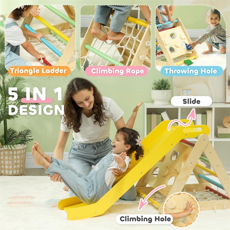 5-in-1 Kids Climber Set with Slide Triangle Climber Sandbags Indoor Play for Toddlers 18-48 Months Multicolored Pinewood