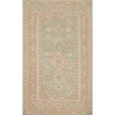 Hand Woven Oriental 100% Wool Carpet Southwestern Tribal Green Kilim Area Rug - 8' 2'' X 5' 8''