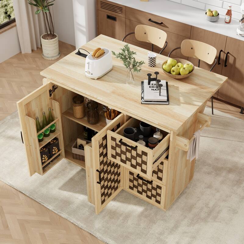 Woven Checkerboard Pattern Kitchen Island with Drop Leaf, Internal Storage Rack, 2 Cabinets & Power Outlet, Movable Kitchen Cart