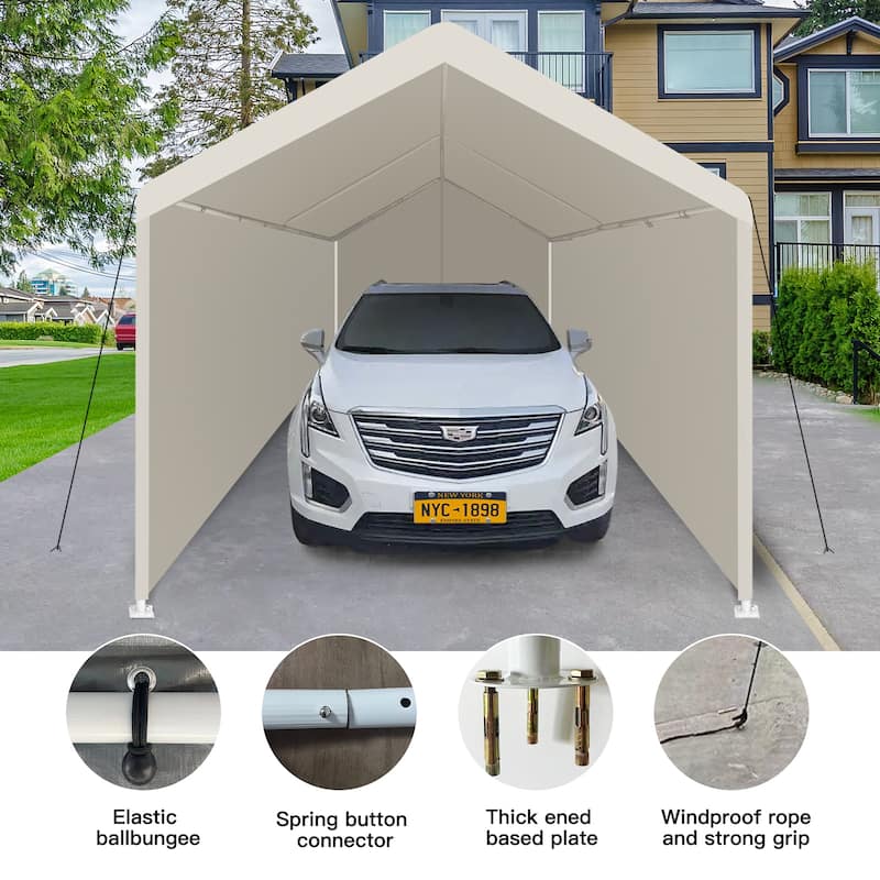 12x20 ft Portable All Weather White Carport Shelter Tent with PE Tarp for Family BBQ or Outdoor Dining