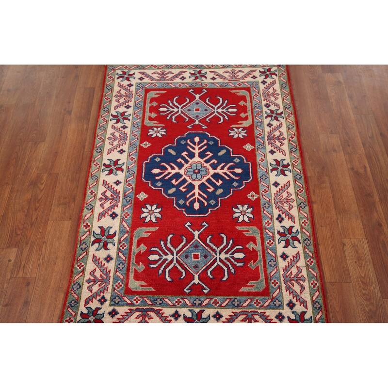 Red Geometric Kazak Accent Rug Handmade Wool Carpet - 2'9" x 4'1"