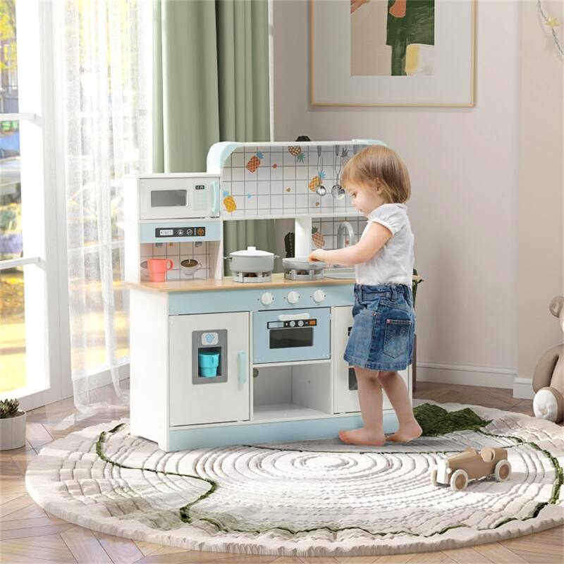 Kids Wooden Kitchen Playset with Light Sound Sink Coffee Maker and Storage White Blue Pretend Cooking Toy for Ages 3 and Up
