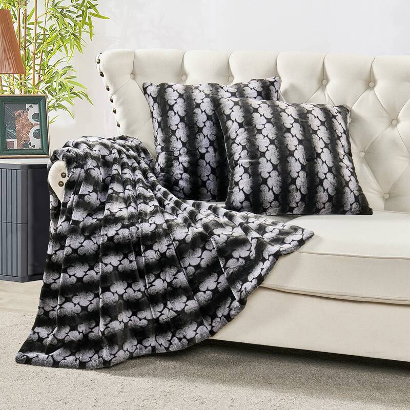 Ballys 3-piece Floral FauxFur Throw Blanket and Pillow Cover Set - 50" x 60" - Black