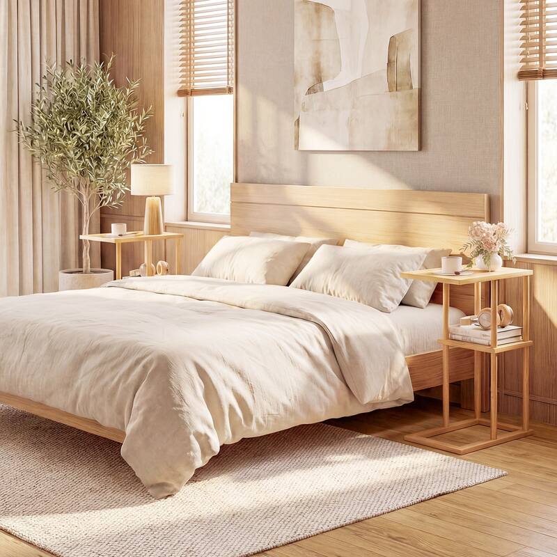 Gymax Side Table Set of 2 w/Storage Shelves & Bamboo Construction for