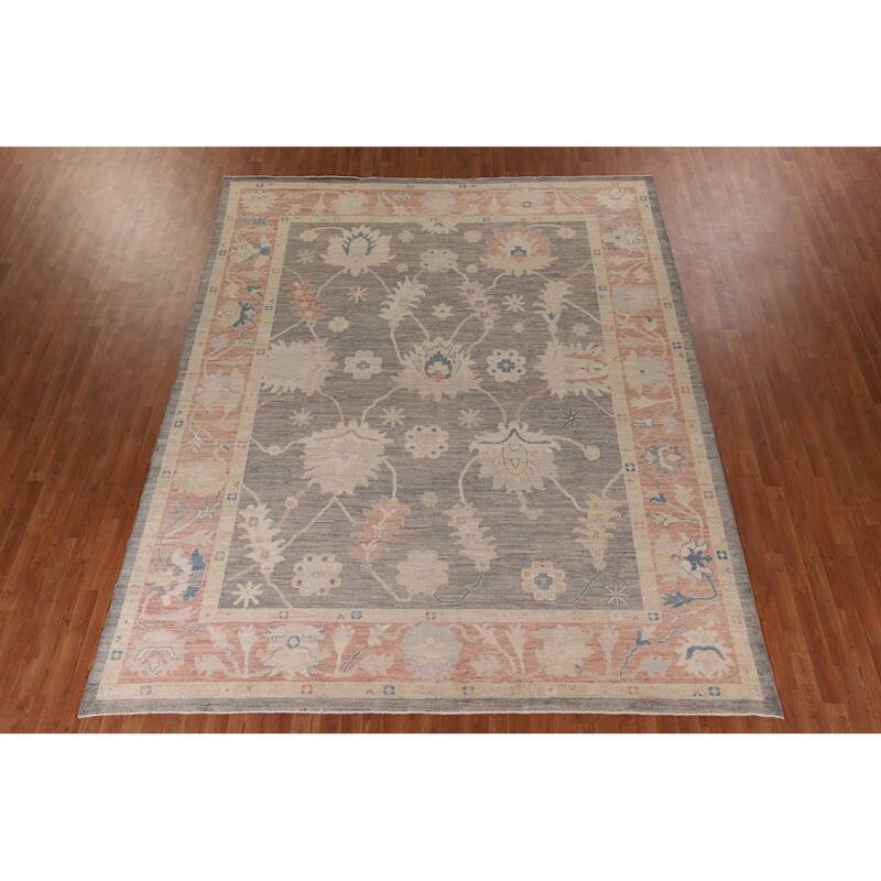 Vegetable Dye Oushak Turkish Area Rug Hand-Knotted Grey Wool Carpet - 9'2" x 11'0"