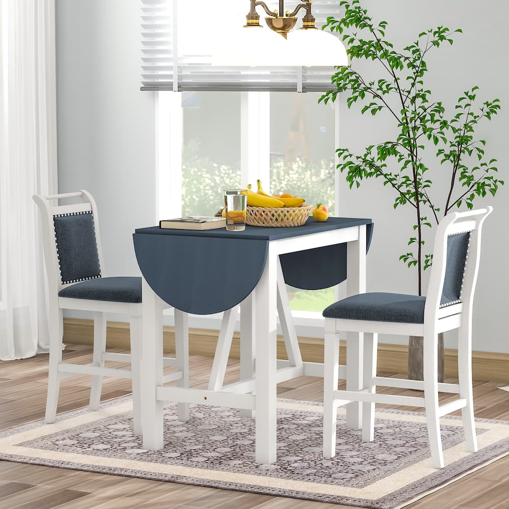 3-Piece Wood Counter Height Drop Leaf Dining Table Set with 2 Upholstered Dining Chairs for Small Place