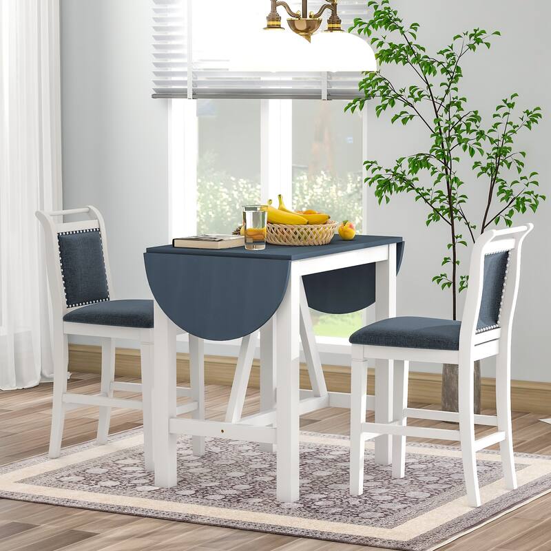 3-Piece Wooden Counter Height Dining Table Set with Drop Leaf Table & 2 Chairs - White