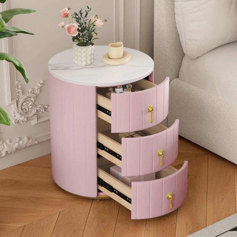 Upholstered Nightstand With 3 Drawers, Round Bedside Table With Metal Handles,Marbling Stickers Top Night Table - Pink