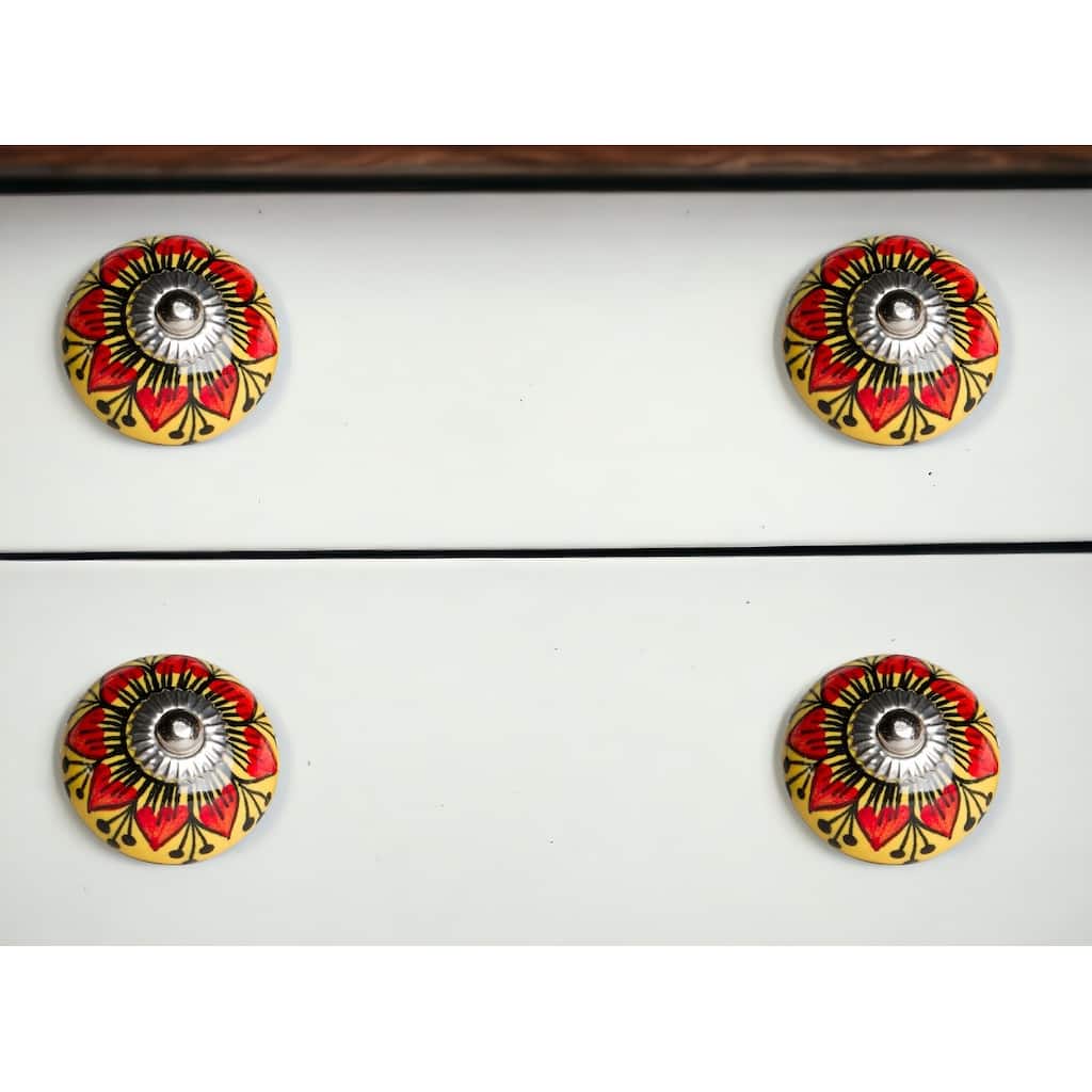 HomeRoots Set of Eight Yellow And Black Floral Ceramic Drawer Pull Knobs - 1.5" x 1.5" x 1.5"